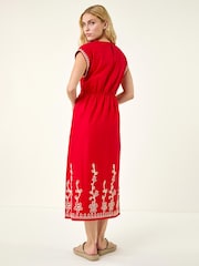 Roman Red Embroidered V-Neck Midi Dress - Image 3 of 5