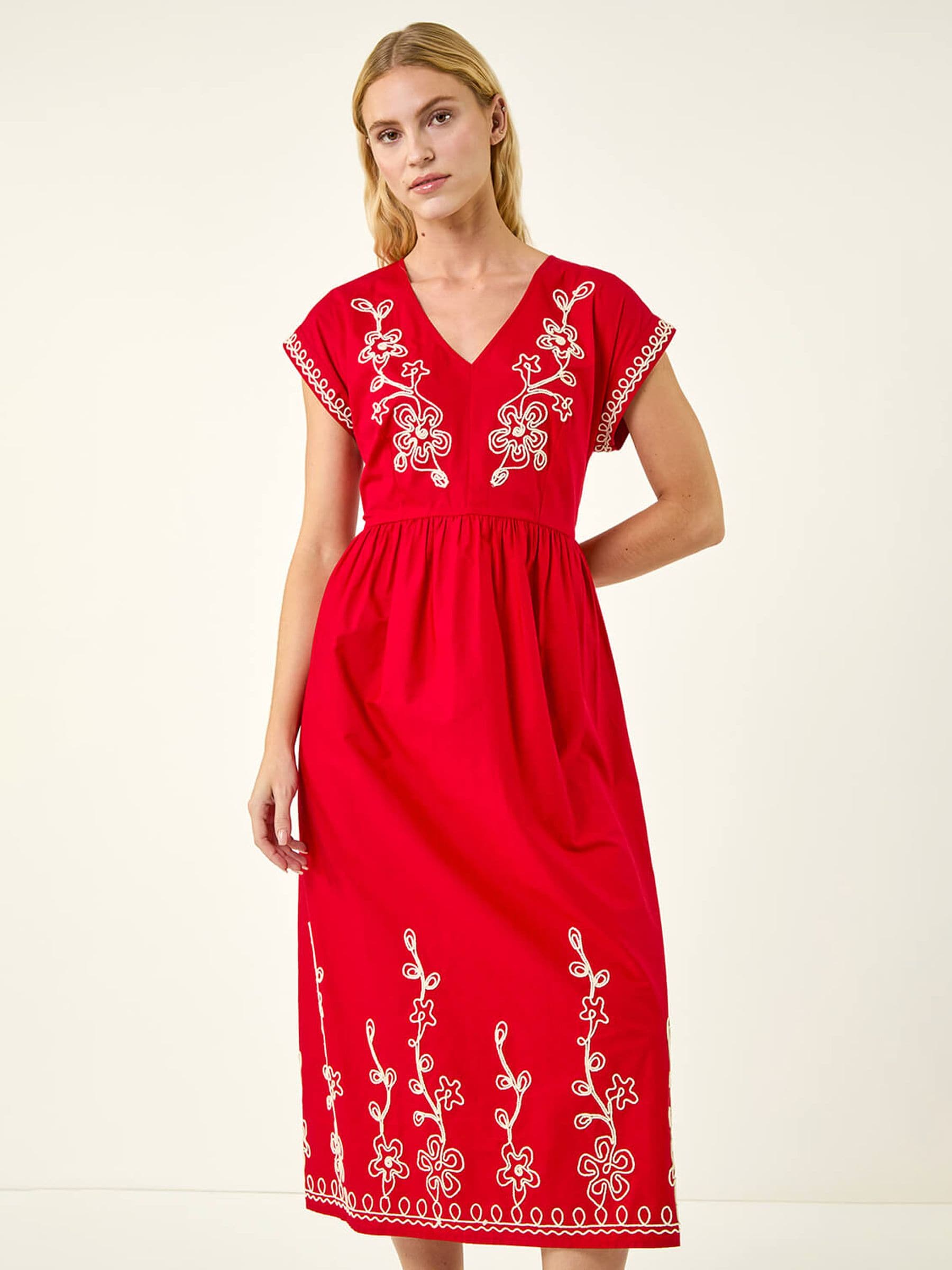 Buy Roman Red Embroidered V-Neck Midi Dress from Next USA