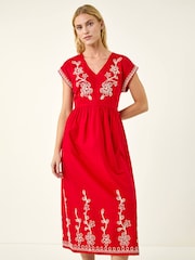Roman Red Embroidered V-Neck Midi Dress - Image 4 of 5