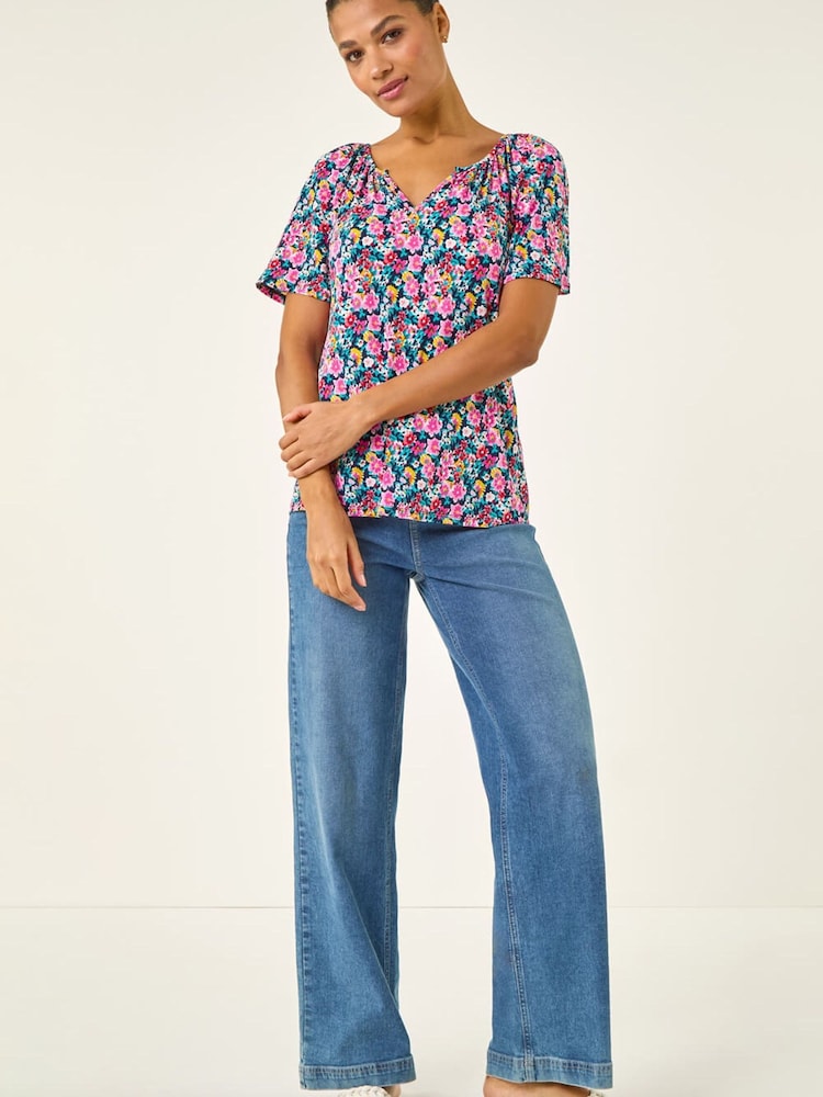 Roman Pink Gather V-Neck Puff Top - Image 1 of 5