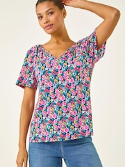 Roman Pink Gather V-Neck Puff Top - Image 2 of 5