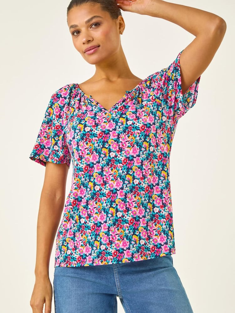 Roman Pink Gather V-Neck Puff Top - Image 2 of 5