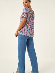 Roman Pink Gather V-Neck Puff Top - Image 3 of 5