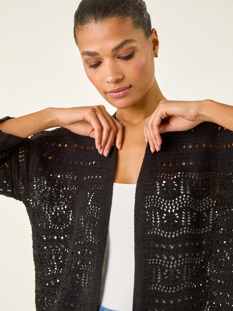 Roman Black 3/4 Sleeve Stitch Detail Cardigan - Image 1 of 5 Roman Black 3/4 Sleeve Stitch Detail Cardigan - Image 1 of 5