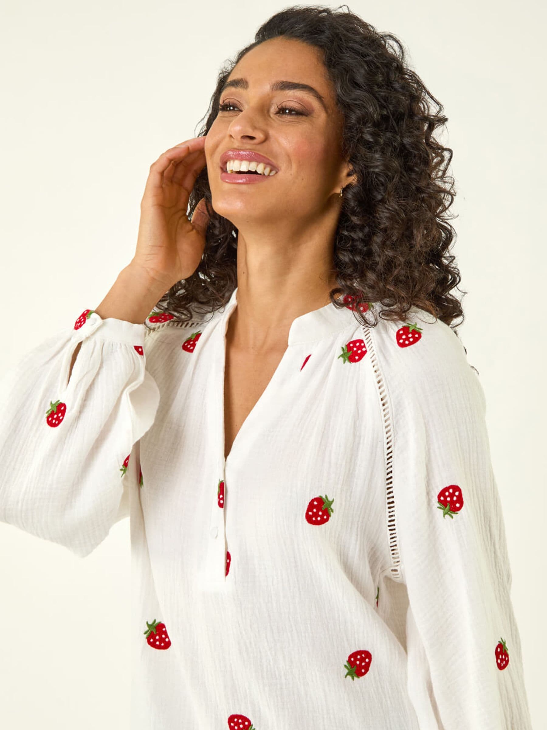 Roman White Strawberry V-Neck Tunic Top