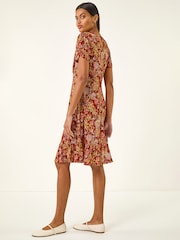 Roman Red Floral Print Button Stretch Tea Dress - Image 3 of 5