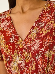 Roman Red Floral Print Button Stretch Tea Dress - Image 5 of 5