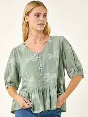 Roman Green Palm Tree Print Peplum Top - Image 4 of 5