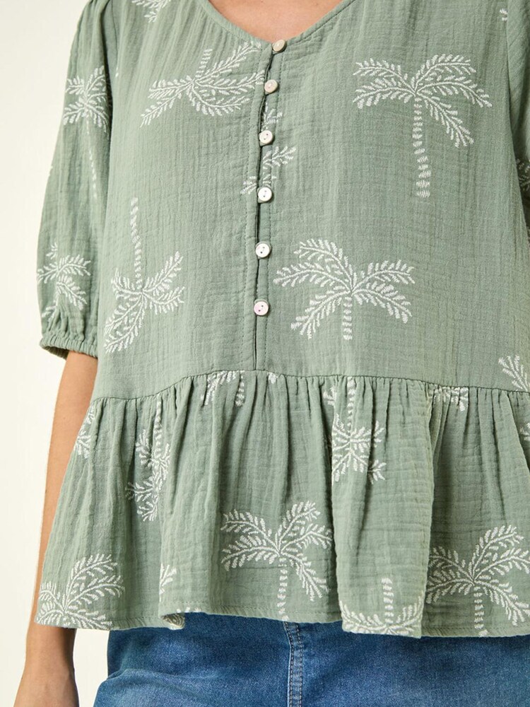 Roman Green Palm Tree Print Peplum Top - Image 5 of 5