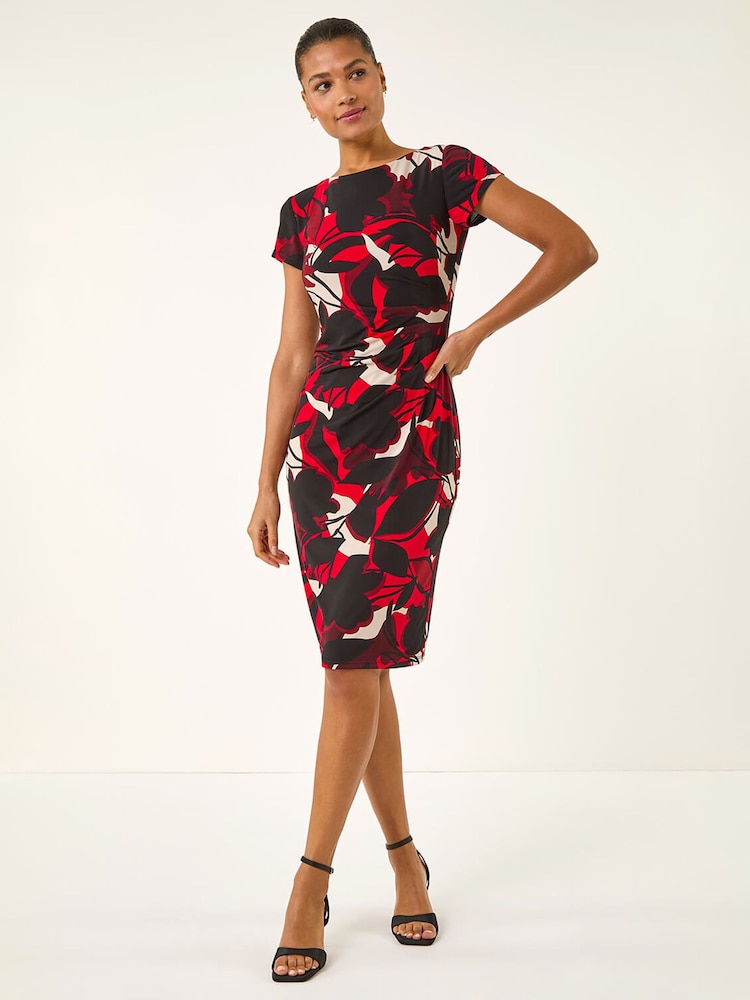 Roman Red Leaf Print Gathered Shift Dress - Image 1 of 5
