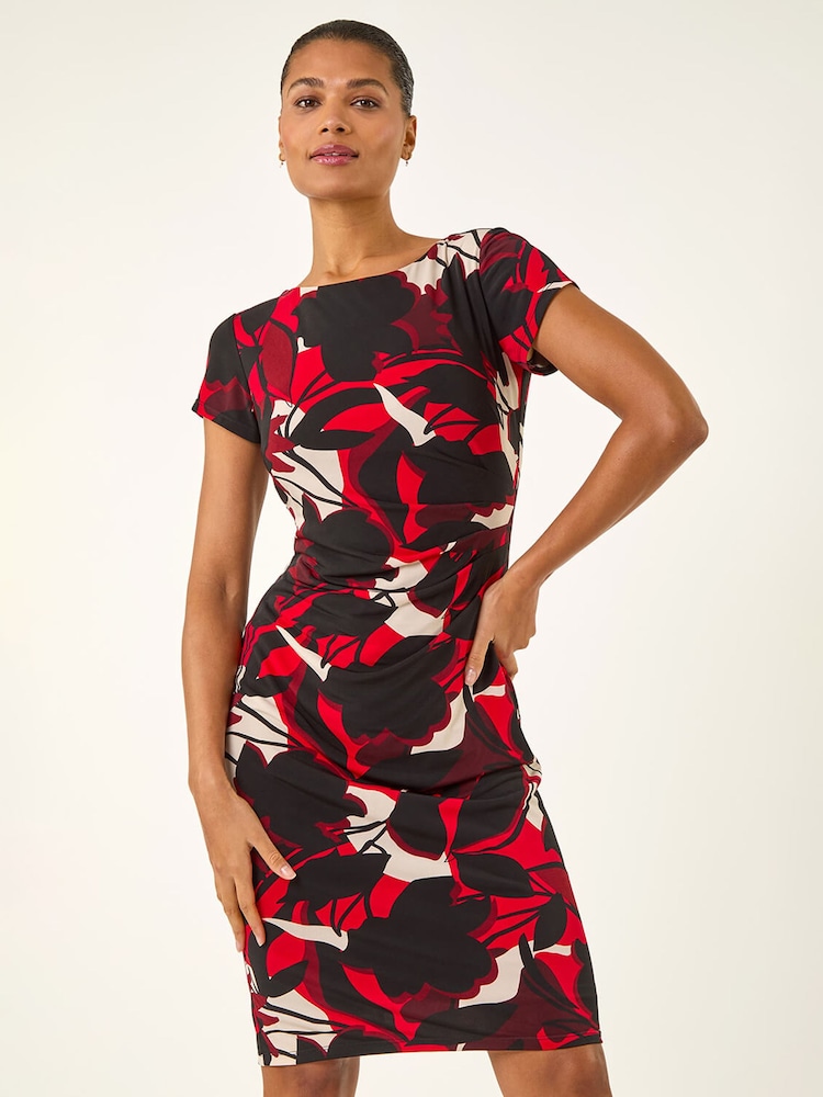Roman Red Leaf Print Gathered Shift Dress - Image 2 of 5