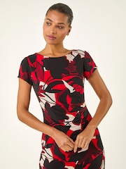 Roman Red Leaf Print Gathered Shift Dress - Image 4 of 5