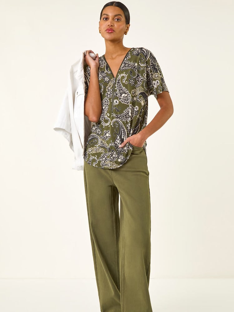 Roman Green Paisley Print Zip Front Top - Image 1 of 5 Roman Green Paisley Print Zip Front Top - Image 1 of 5