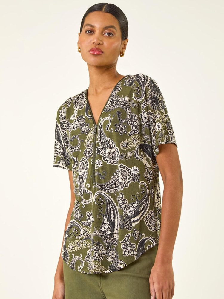 Roman Green Paisley Print Zip Front Top - Image 2 of 5 Roman Green Paisley Print Zip Front Top - Image 2 of 5