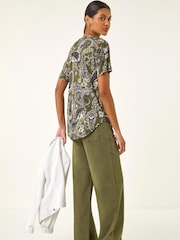 Roman Green Paisley Print Zip Front Top - Image 3 of 5