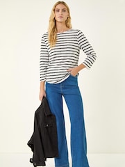 Roman Black Stripe Print Stretch Top - Image 2 of 5