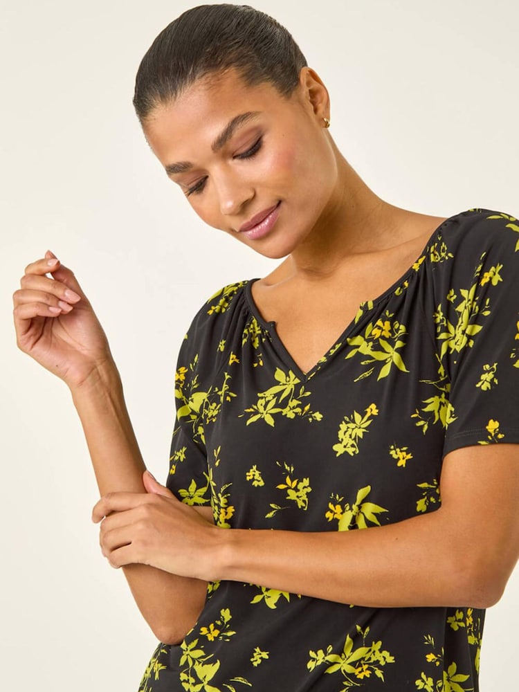 Roman Green Floral Print Gathered Stretch Top - Image 1 of 5
