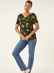 Roman Green Floral Print Gathered Stretch Top - Image 2 of 5