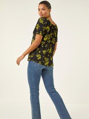Roman Green Floral Print Gathered Stretch Top - Image 3 of 5