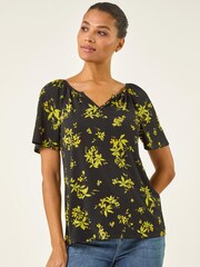 Roman Green Floral Print Gathered Stretch Top - Image 4 of 5