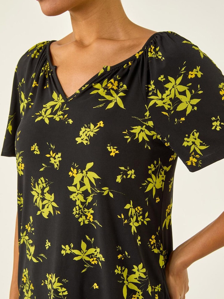 Roman Green Floral Print Gathered Stretch Top - Image 5 of 5