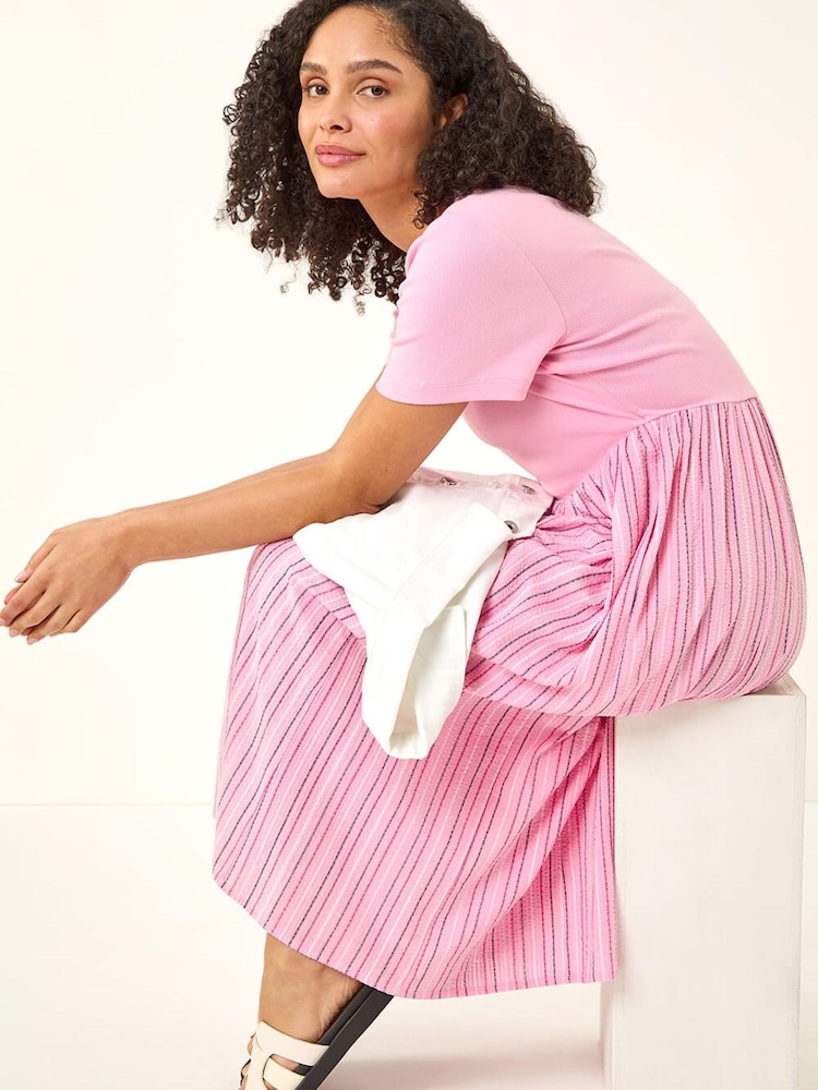 Roman Pink Textured Stripe Midi Dress - Image 1 of 5