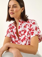 Roman Red Floral Print Pleat Neck Top - Image 1 of 5