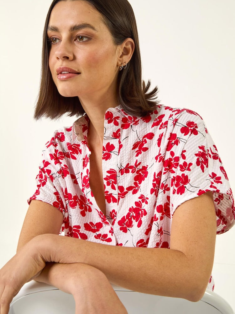 Roman Red Floral Print Pleat Neck Top - Image 1 of 5 Roman Red Floral Print Pleat Neck Top - Image 1 of 5