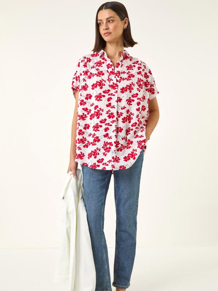 Roman Red Floral Print Pleat Neck Top - Image 2 of 5 Roman Red Floral Print Pleat Neck Top - Image 2 of 5
