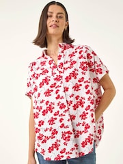 Roman Red Floral Print Pleat Neck Top - Image 4 of 5