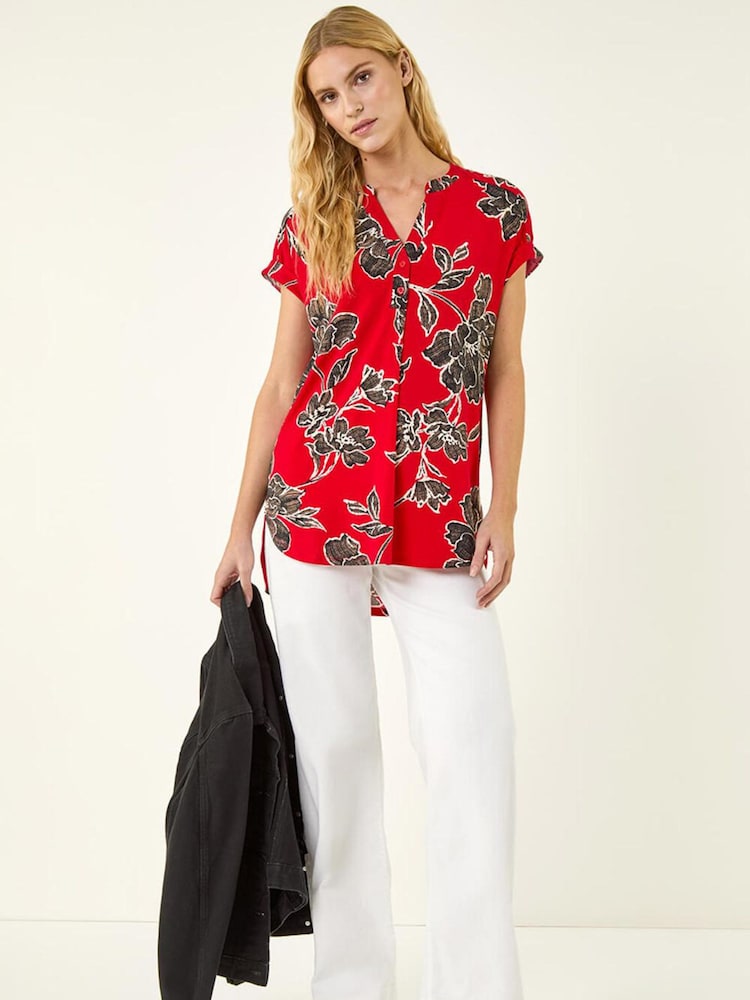 Roman Red Floral Puff Print Stretch Top - Image 2 of 5