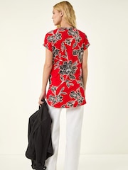 Roman Red Floral Puff Print Stretch Top - Image 3 of 5