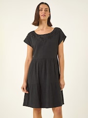 Roman Black Cotton Trim Detail Mini Dress - Image 1 of 5
