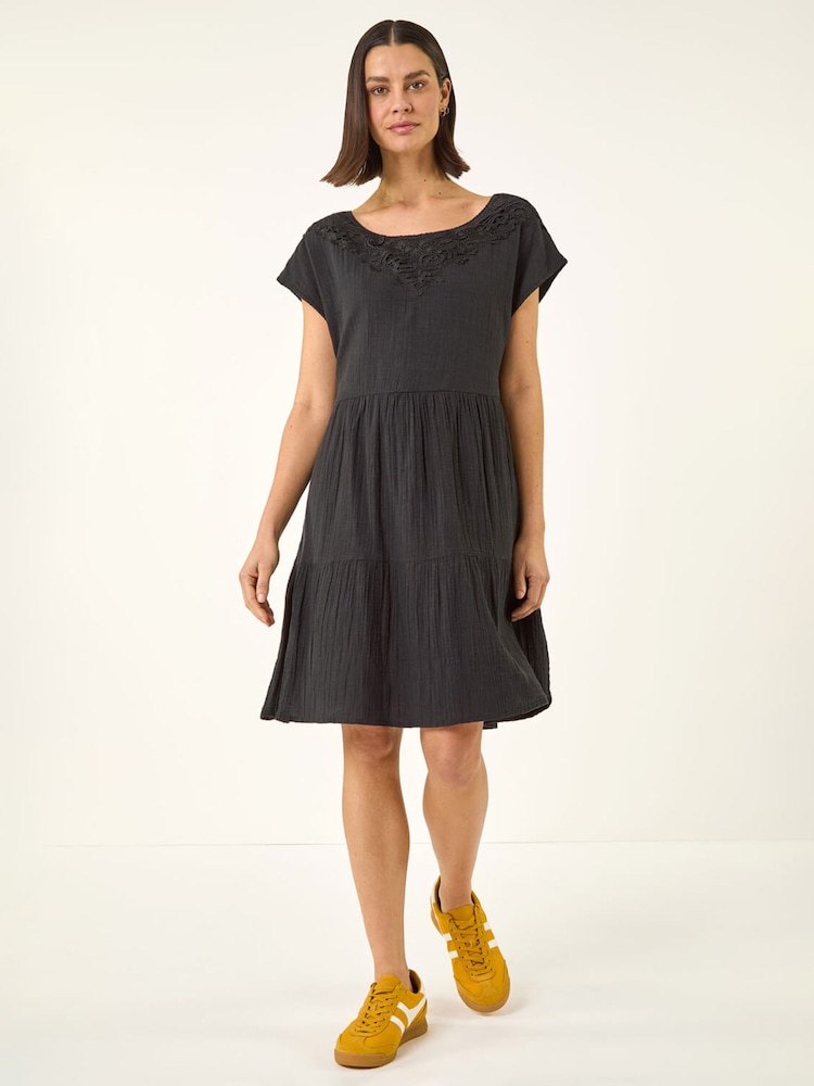 Roman Black Cotton Trim Detail Mini Dress - Image 2 of 5