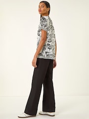 Roman Black Floral Stripe Print Stretch Top - Image 1 of 5
