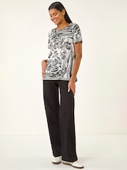 Roman Black Floral Stripe Print Stretch Top - Image 3 of 5