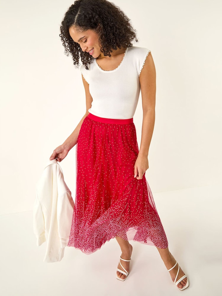 Roman Red Polka Dot Print Elasticated Mesh Skirt - Image 1 of 5