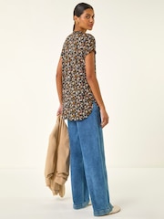 Roman Pink Floral Puff Print Collared Top - Image 3 of 5