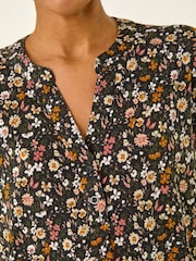 Roman Pink Floral Puff Print Collared Top - Image 5 of 5