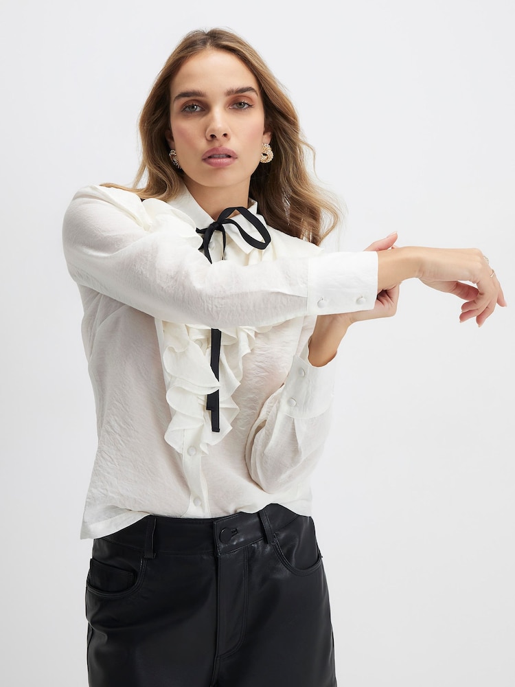 River Island White Ruffle Tie Neck Frill Blouse - Image 4 of 4