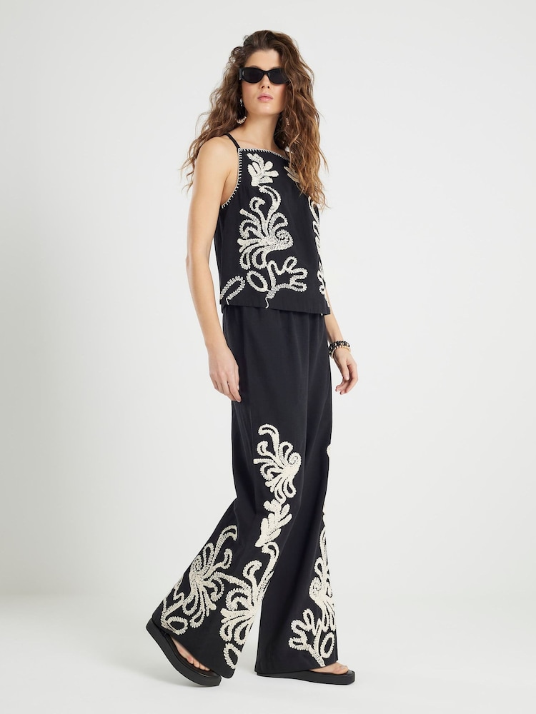 River Island Black Craft Stitch Embroidery Wide Leg Trousers - Image 1 of 4