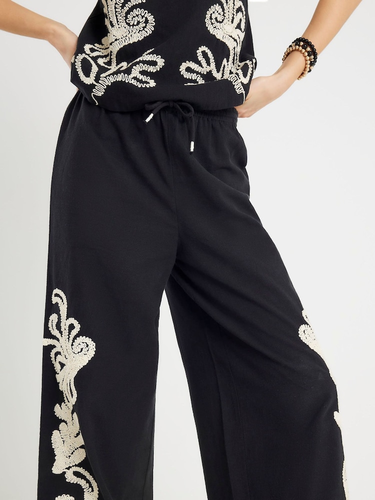 River Island Black Craft Stitch Embroidery Wide Leg Trousers - Image 4 of 4