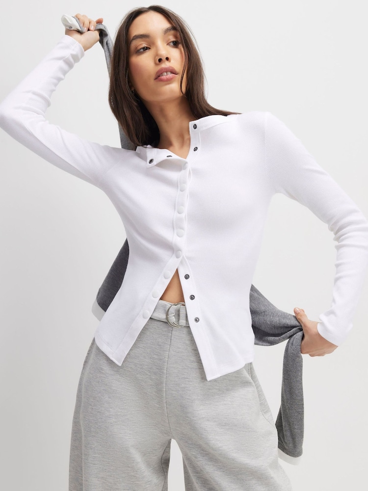 River Island White Long Sleeve Popper Ribbed Top - Image 1 of 4