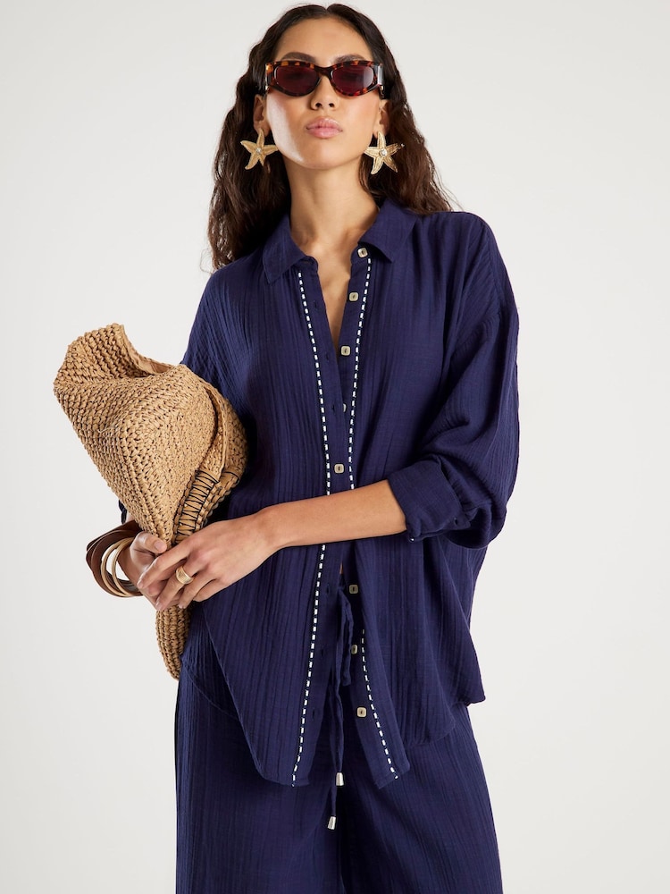 River Island Blue Long Sleeve Crinkle Beach Shirt - Image 1 of 4