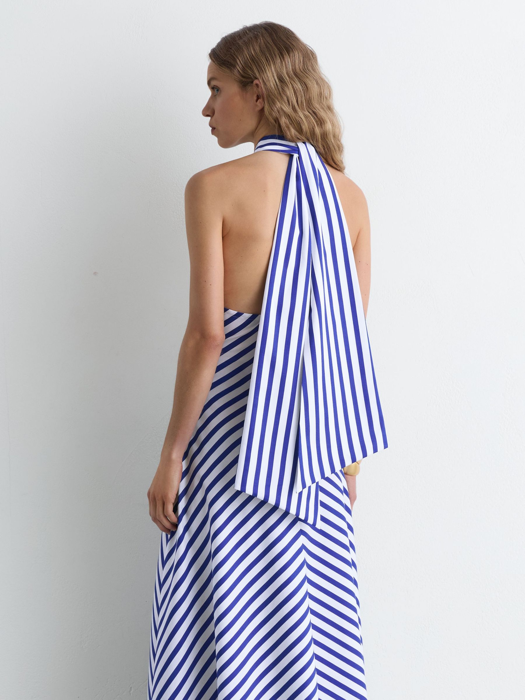 Buy Reiss Blue/Ivory Luna Striped Halterneck Ruffle Maxi Dress