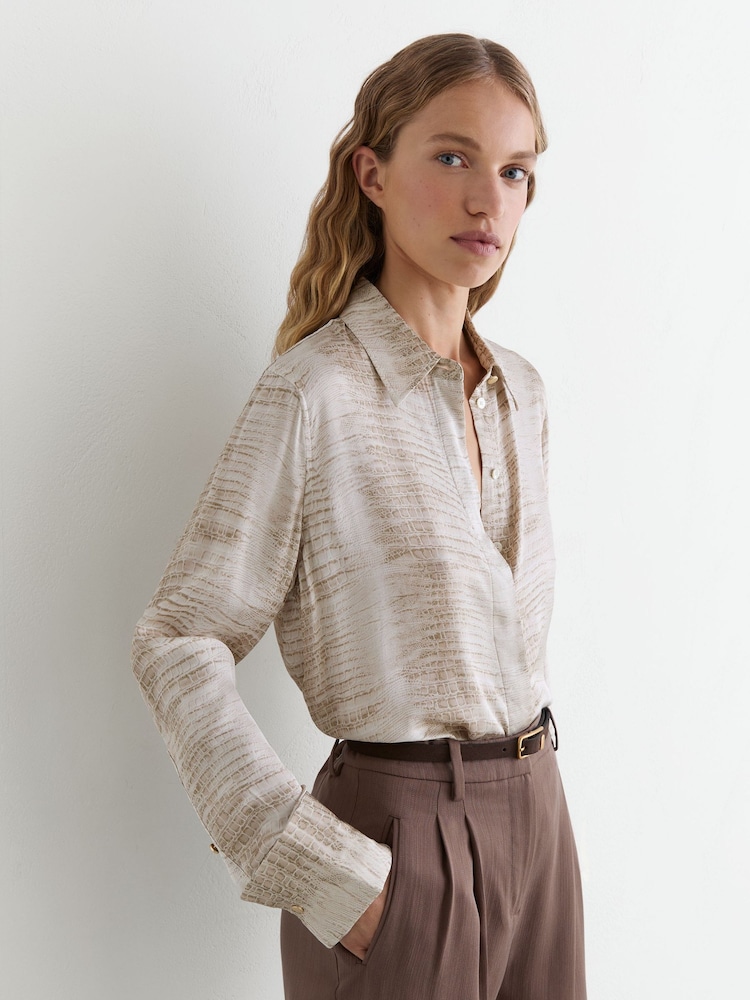 Reiss Neutral Annie Snake-Print Double-Cuff Shirt - Image 1 of 7