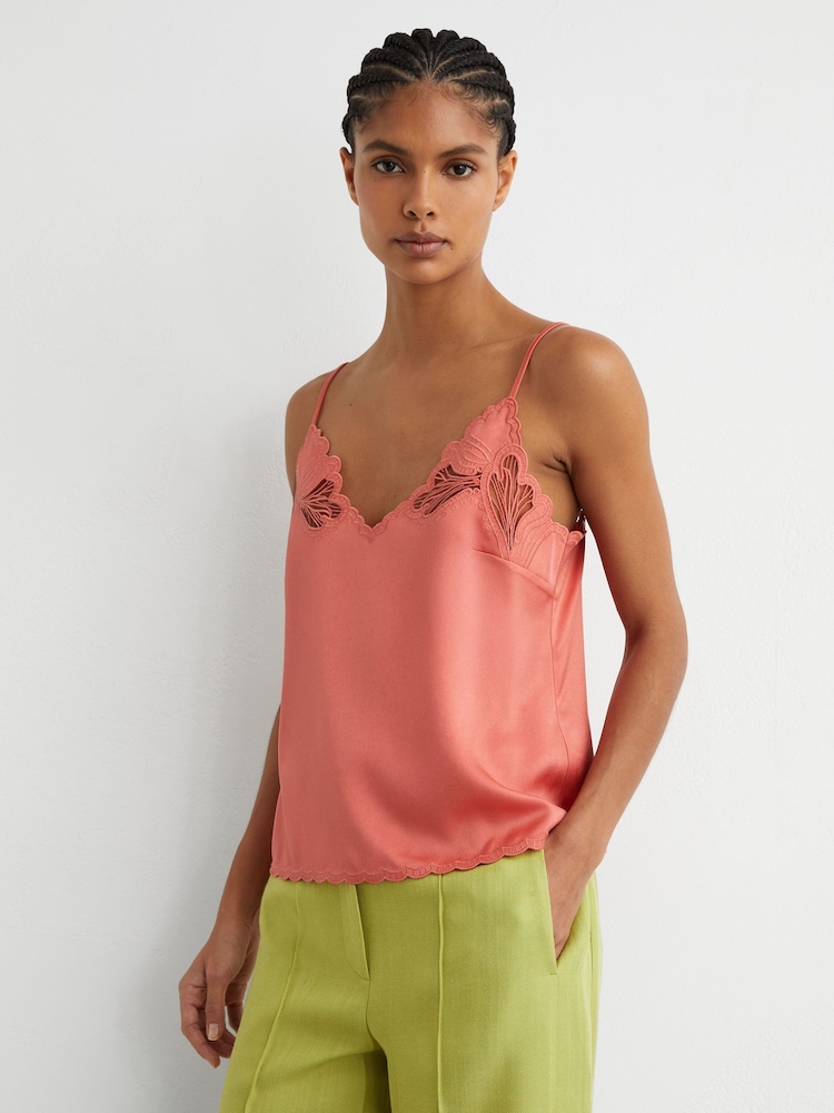 Reiss Coral Pink Joanie Satin Lace-Detail Cami Top - Image 1 of 7