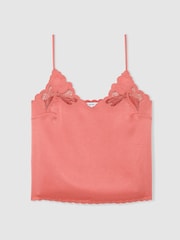 Reiss Coral Pink Joanie Satin Lace-Detail Cami Top - Image 2 of 7