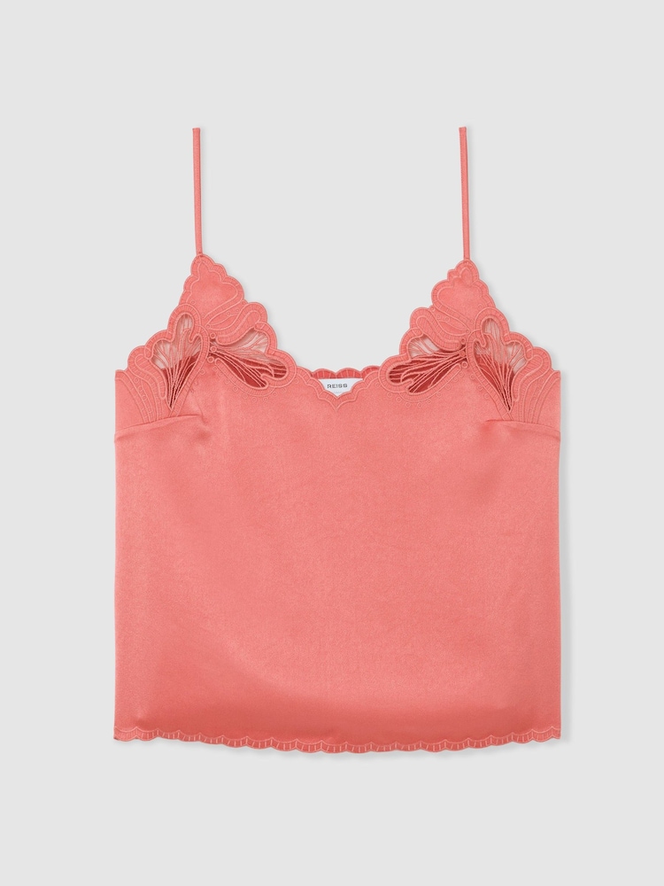 Reiss Coral Pink Joanie Satin Lace-Detail Cami Top - Image 2 of 7