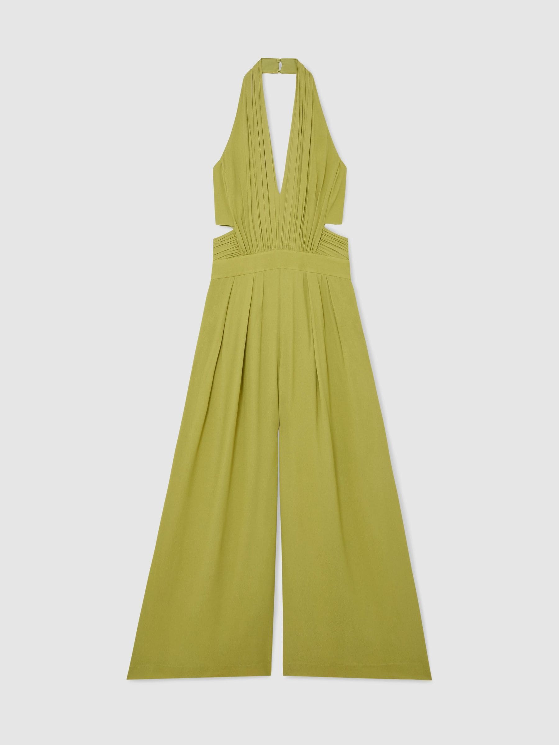 Buy Reiss Green Lainey Halterneck Pleated Wide-Leg Jumpsuit from